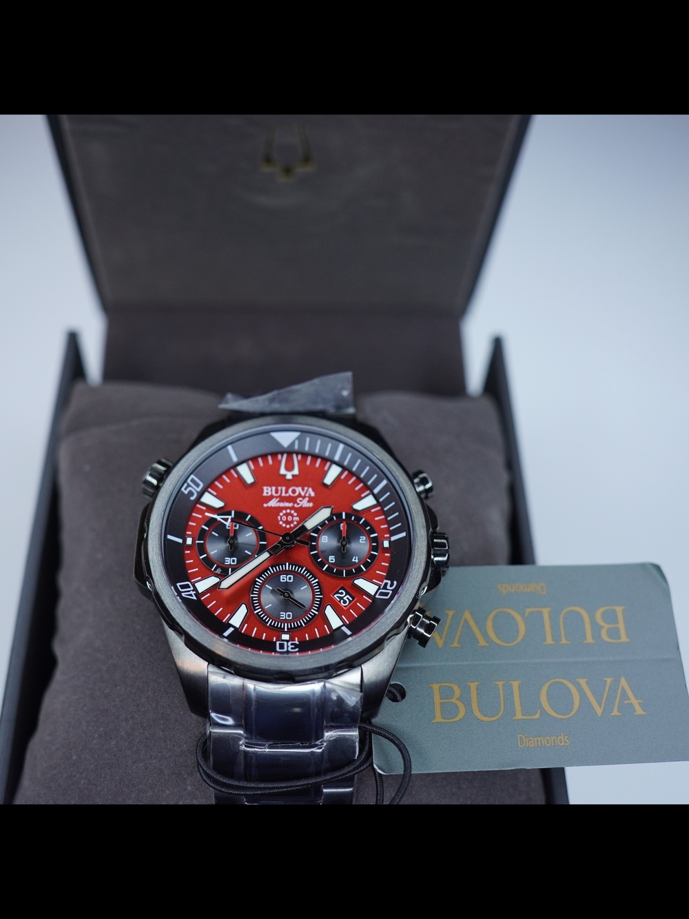 Bulova Marine Star 98B350 Red Dial Gray Band Chronograph Men's Quartz Watch 43MM